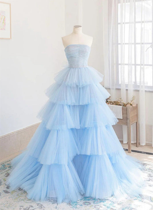 solvbao Blue Tulle Scoop Layers Long Party Dress, Blue Tulle Formal Dress