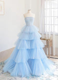 solvbao Blue Tulle Scoop Layers Long Party Dress, Blue Tulle Formal Dress