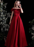 Solvbao Wine Red Satin Simple Off Shoulder Party Dress, Wine Red Long Prom Dress Evening Dress