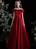 Solvbao Wine Red Satin Simple Off Shoulder Party Dress, Wine Red Long Prom Dress Evening Dress