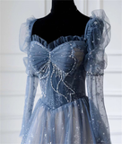 Solvbao Blue Beaded Long Sleeves A-line Tulle Prom Dress, Blue Floor Length Party Dress