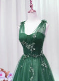 Solvbao A-line Tulle V-neckline Sweetheart Beaded Long Party Dress, Gree Tulle Prom Dress