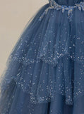 solvbao Blue A-line Beaded Layers Tulle Long Formal Dress, Blue Unique Long Prom Dress