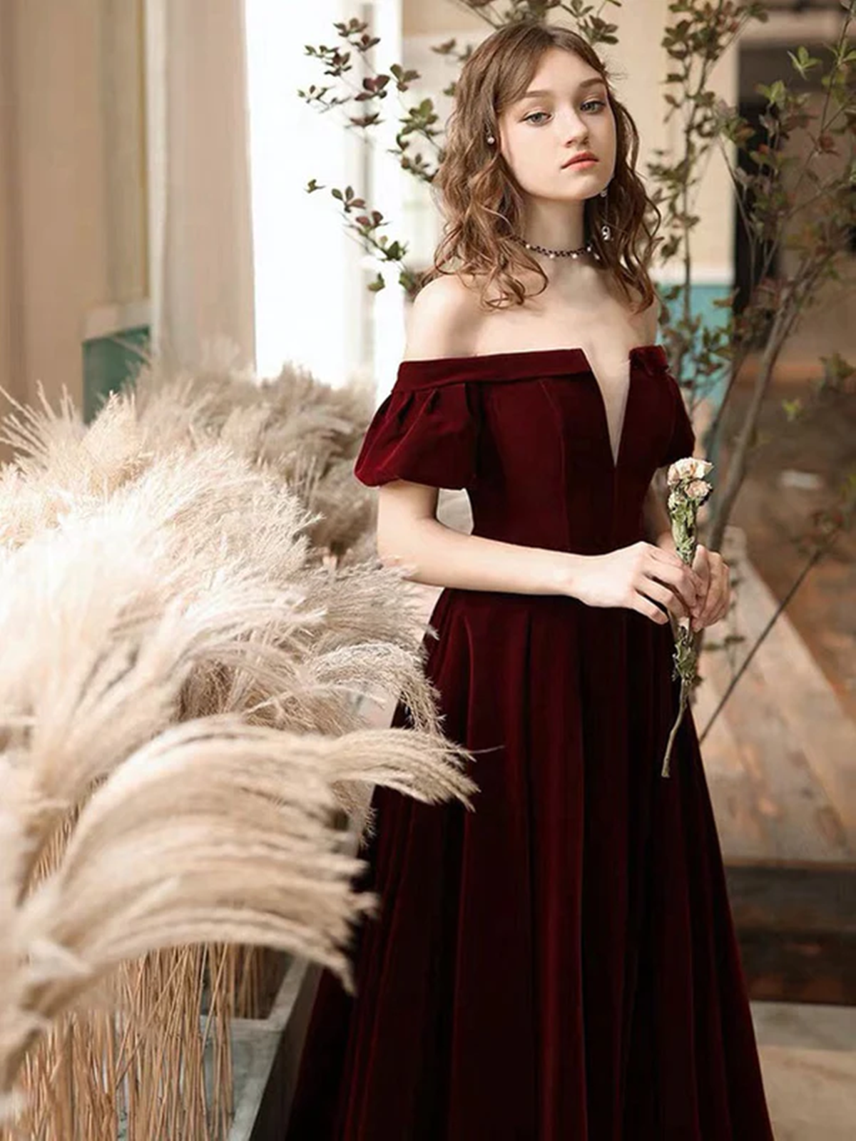 Solvbao Wine Red Velvet Off Shoulder Long Party Dress, A-line Velvet Long Prom Dress