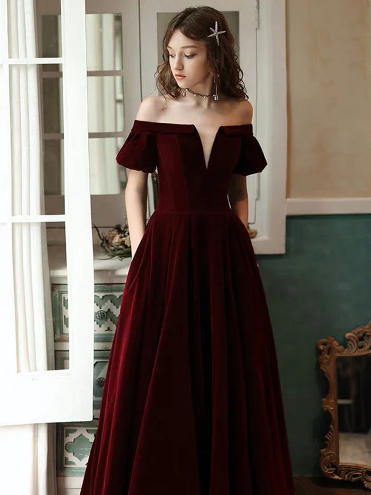 Solvbao Wine Red Velvet Off Shoulder Long Party Dress, A-line Velvet Long Prom Dress