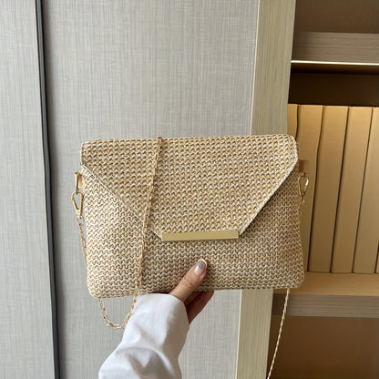 solvbao  Woven Straw Shoulder Bag, Flap Weaving Versatile Underarm Bag, Chain Strap Magnet Stylish Crossbody Bag