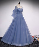 solvbao Blue Tulle Beaded Sweetheart Unique Long Prom Dress, Blue Evening Dress Formal Dress