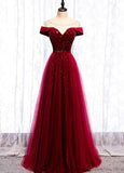 Solvbao Glam Wine Red Tulle with Velvet Long Party Dress, Dark Red Formal Dress Prom Dress