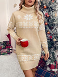 Christmas Pattern Turtle Neck Sweater Dress, Elegant Long Sleeve Knit Dress For Fall & Winter, Women's Clothing