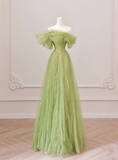 Solvbao Light Green Off Shoulder Tulle Long Party Dress, A-line Green Prom Dress Formal Dress