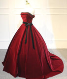 Solvbao Elegant Wine Red Velvet Sweet 16 Gown with Belt, Off Shoulder Party Gown