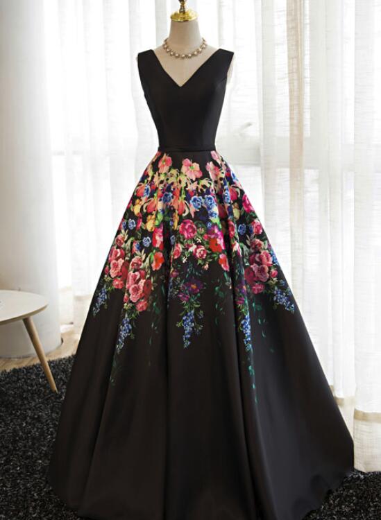 solvbao Black Satin Floral Lace-up Formal Dresses, Black Party Dress, Formal Gowns