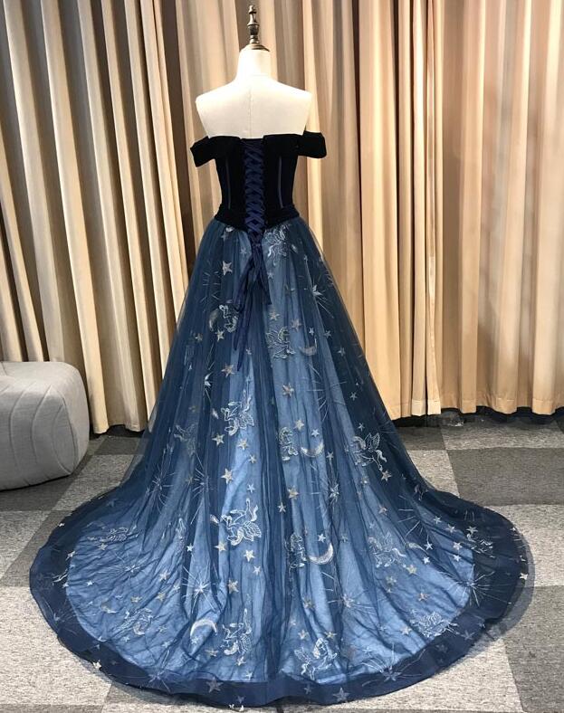 Solvbao Navy Blue New Style Long Off Shoulder Prom Dress, A-line Formal Dress, Evening Dress