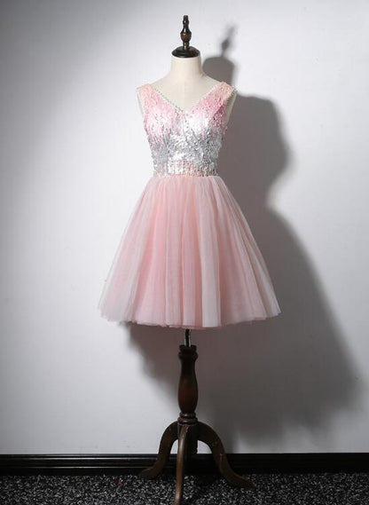 Solvbao Lovely Pink V-neckline Tulle and Sequins Party Dress, Pink Prom Dress