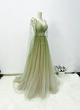 Solvbao A-line Green Gradient Tulle Long Sleeves Party Dress, V-neckline Green Formal Dress Prom Dress