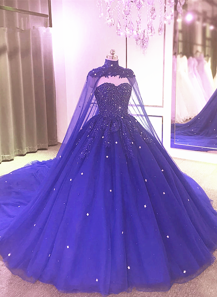 Solvbao Royal Blue Beaded Sparkle Tulle Ball Gown Formal Dress, Blue Wedding Party Dress