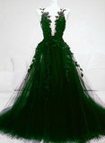 solvbao Dark Green Tulle with Lace Deep Neckline Backless Prom Dress, Dark Green Party Dress