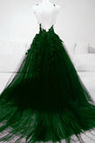 solvbao Dark Green Tulle with Lace Deep Neckline Backless Prom Dress, Dark Green Party Dress