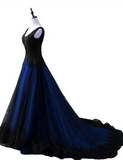 Solvbao Black and Blue Lace Applique V-neclline Tulle Party Dress, A-line Tulle Long Prom Dress