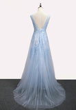 Solvbao Light Blue V-neckline Long Lace Applique Prom Dress, Tulle Formal Dress Evening Dress