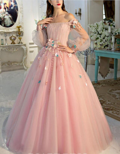 Solvbao Pink Flowers Puffy Sleeves Tulle Long Party Dress, Ball Gown Pink Sweet 16 Gown