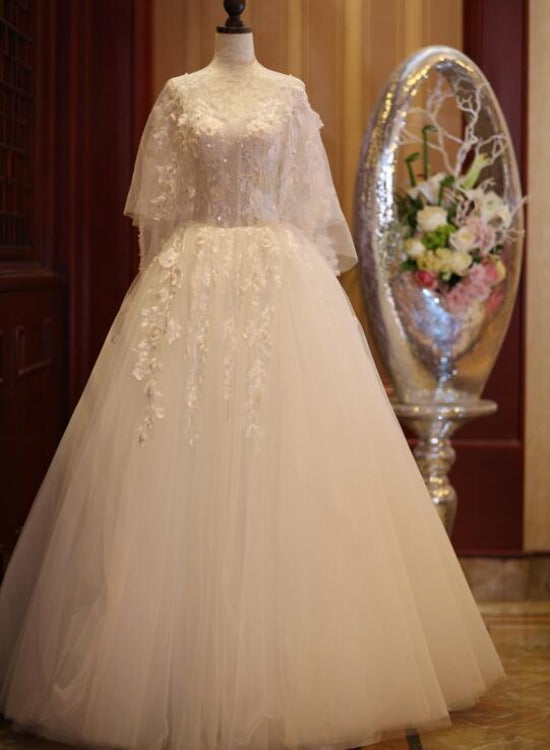 solvbao Charming Beautiful Ivory Tulle with Flowers Long Wedding Party Dress, Tulle Simple Wedding Dress