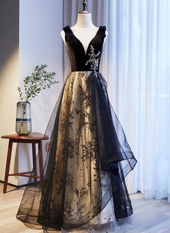 Solvbao Black V-neckline Velvet and Tulle New Style Prom Dress, Black Party Dress Evening Dresss