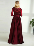 Solvbao Wine Red Satin and Lace Round Neckline Bridesmaid Dress, Wine Red Tulle Formal Dress