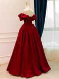 solvbao Wine Red Satin A-line Off Shoulder Long Formal Dress, Wine Red Evening Dress Prom Dress