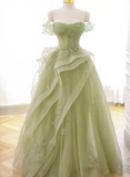 solvbao Light Green Sweetheart Beaded Off Shoulder Party Dress, Light Green Tulle Prom Dress