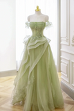 solvbao Light Green Sweetheart Beaded Off Shoulder Party Dress, Light Green Tulle Prom Dress