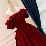 solvbao Wine Red Satin A-line Off Shoulder Long Formal Dress, Wine Red Evening Dress Prom Dress