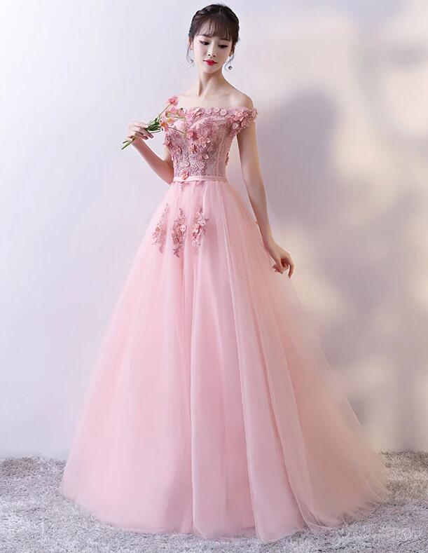 Solvbao Elegant Pink Flower Lace Applique Long Tulle Prom Dress, Pink Party Gown