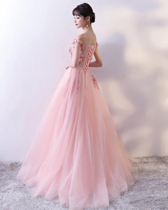 Solvbao Elegant Pink Flower Lace Applique Long Tulle Prom Dress, Pink Party Gown