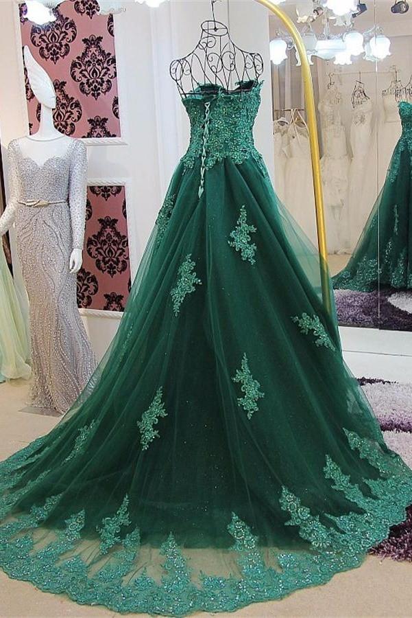 Solvbao Charming Green Applique and Beaded Tulle Princess Gowns, Green Formal Dresses, Junior Prom Dress