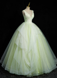 Solvbao Light Green V-neckline Tulle Sweet 16 Dress, Light Green Long Prom Dress Party Dress