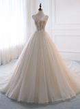 solvbao Ivory Tulle with Lace Long Wedding Party Dress with Sweep Train, Ivory Formal Dress