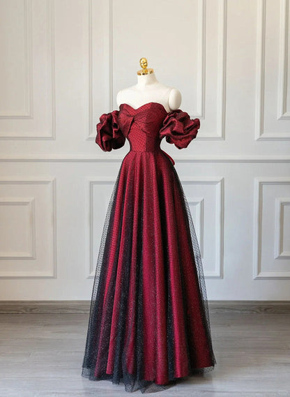 Solvbao Off Shoulder Wine Red Sweetheart Tulle Prom Dress, A-line Wine Red Evening Dress