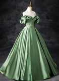 solvbao A-line Green Satin Off Shoulder Long Party Dress, Green Satin Prom Dress