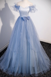 Solvbao Light Blue Off Shoulder Tulle Sweetheart Formal Dress, Light Blue A-line Prom Dress