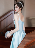 Solvbao Light Blue Satin A-line Long Straps Beaded Formal Dress, Blue Long Evening Dress