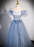 Solvbao Light Blue Off Shoulder Tulle Sweetheart Formal Dress, Light Blue A-line Prom Dress