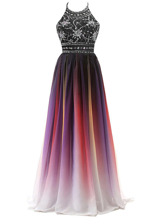 Solvbao Pretty Chiffon Beaded Gradient Halter Prom Dress, Gradient Long Formal Dress