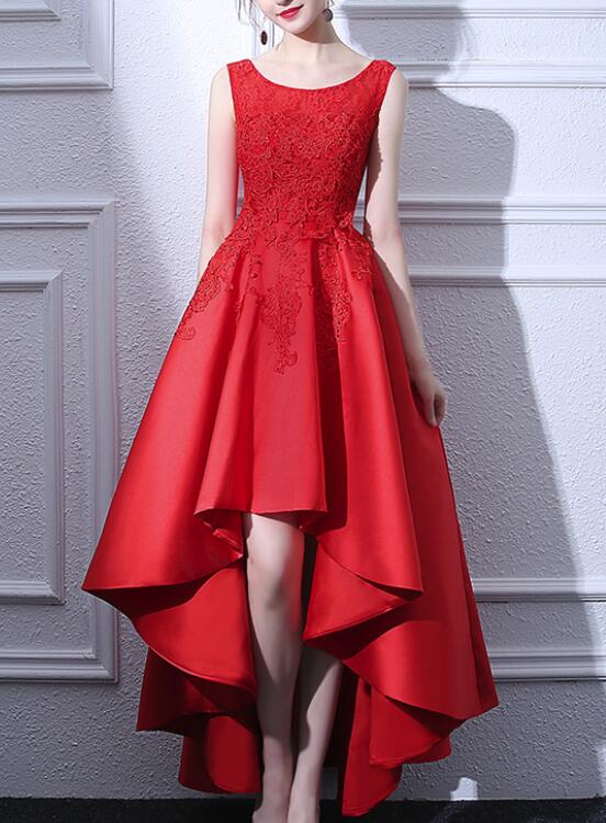 Solvbao Beautiful Red Satin and Lace High Low Round Neckline Party Dress, Red Party Dress, Red Homecoming Dresses