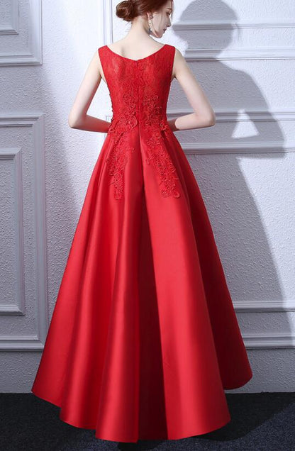 Solvbao Beautiful Red Satin and Lace High Low Round Neckline Party Dress, Red Party Dress, Red Homecoming Dresses