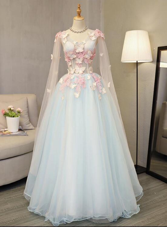 Solvbao Light Blue Gorgeous Butterfly Long Formal Gowns, Handmade Tulle Gowns, Charming Teen Dresses