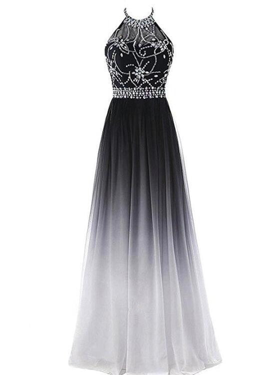 Solvbao Black and White Gradient Long Halter Beaded Chiffon Party Dress, Charming Formal Dress, Handmade Evening Gowns