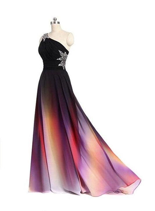 Solvbao One Shoulder Beaded Gradient Chiffon Long Party Dress, Gradient Formal Gowns