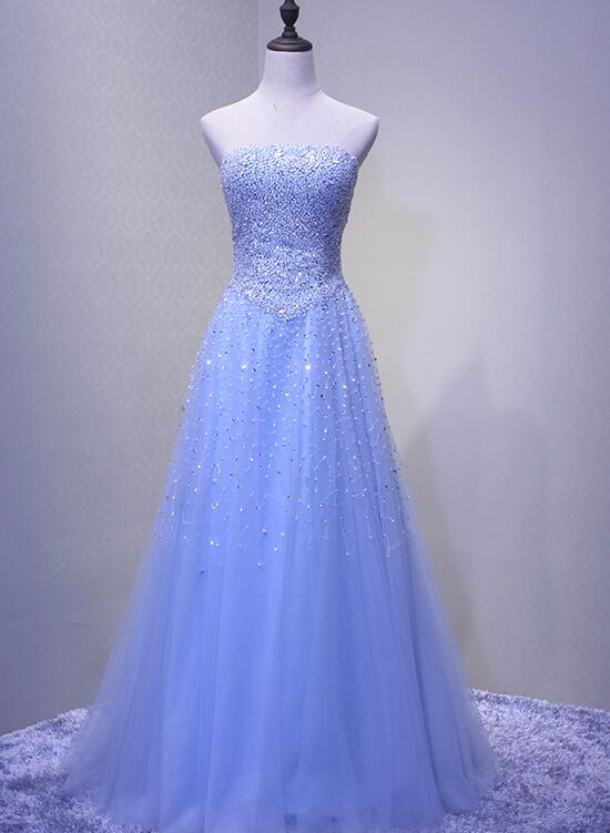 solvbao Light Blue Sparkle Long Formal Gowns, Beaded Party Dresses, Blue Tulle Gowns