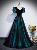 Solvbao A-line Velvet and Tulle Long Prom Dress, Short Sleeve  Party Dress Formal Dress